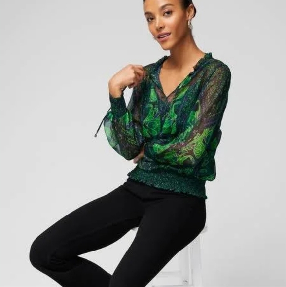 White House Black Market Vibrant Green and Black Floral Blouse - Picture 3 of 10